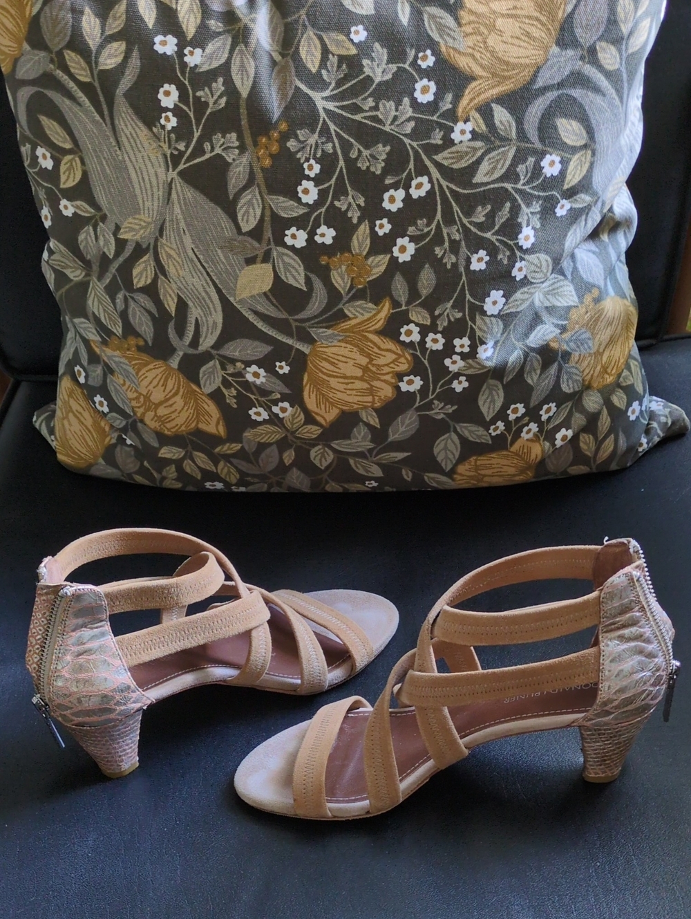 Donald J. Pliner Tan Suede Strappy Sandals with Metallic Accent Heel
